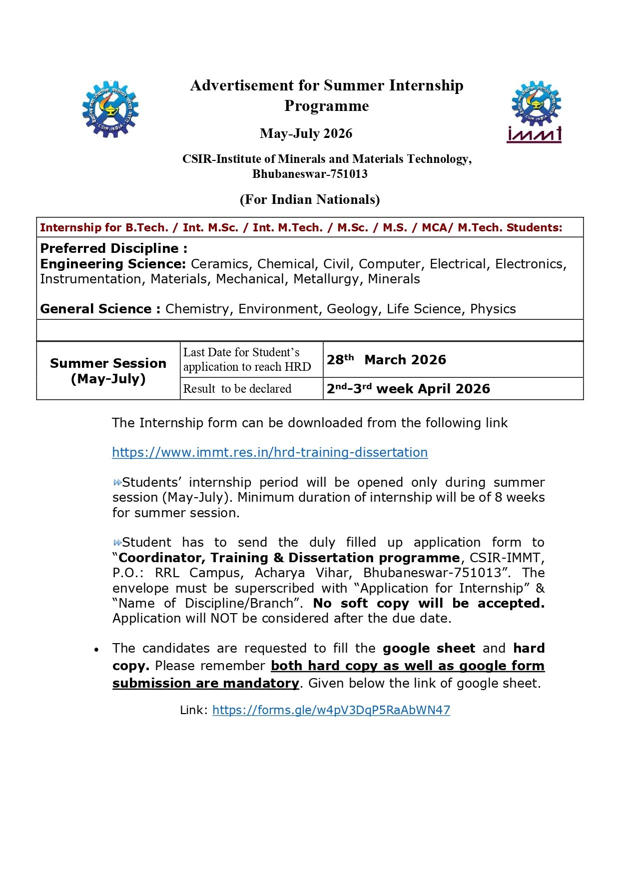CSIR IMMT Summer Internship Program for 2026