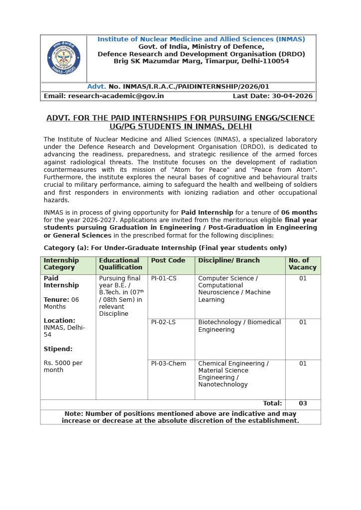 DRDO INMAS Summer Internship 2026