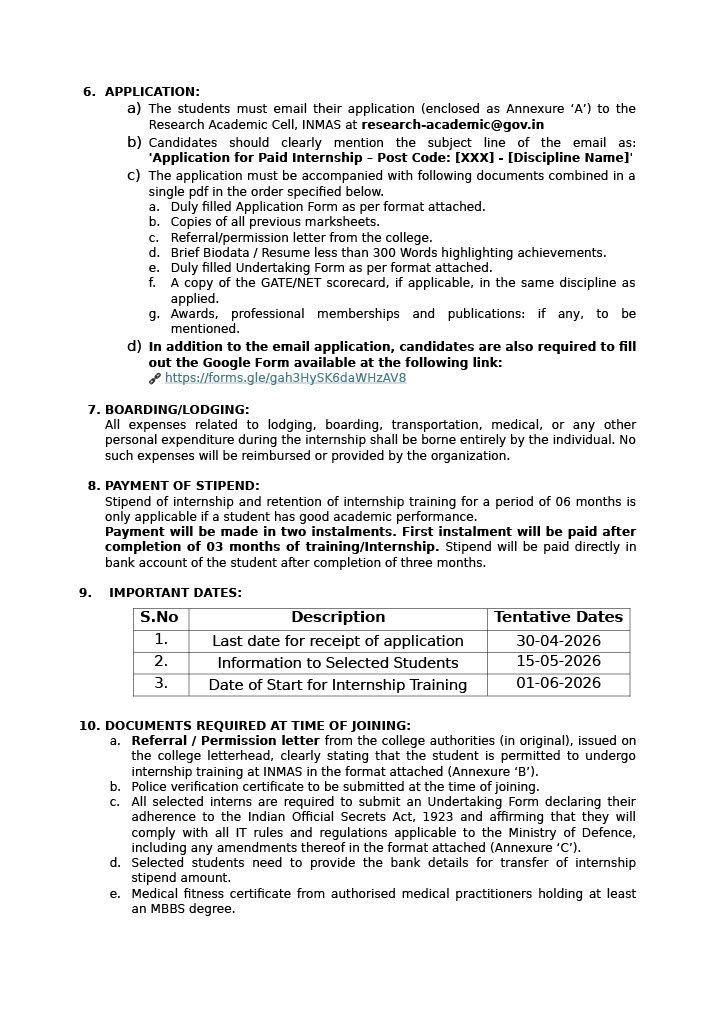 DRDO INMAS Summer Internship 2026