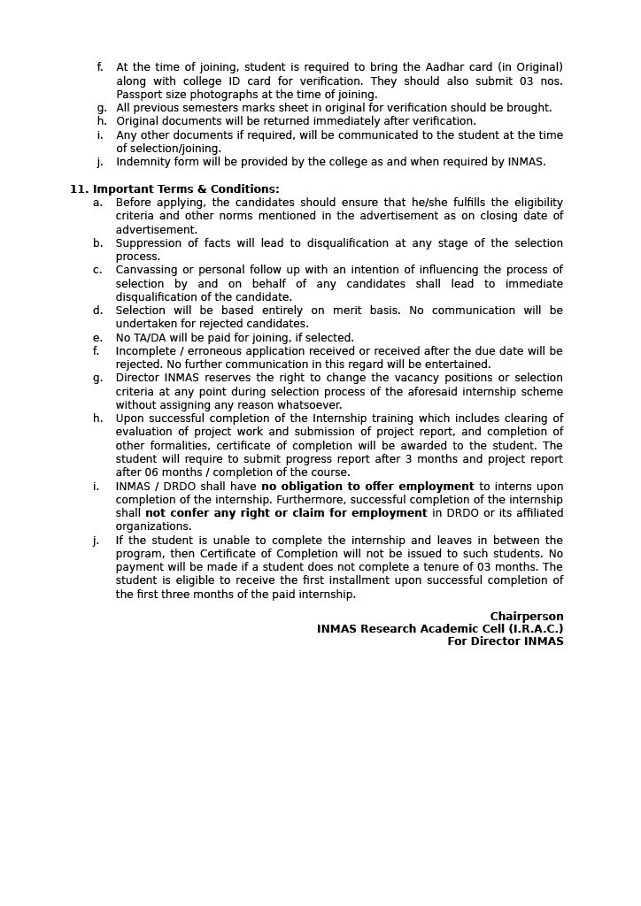 DRDO INMAS Summer Internship 2026