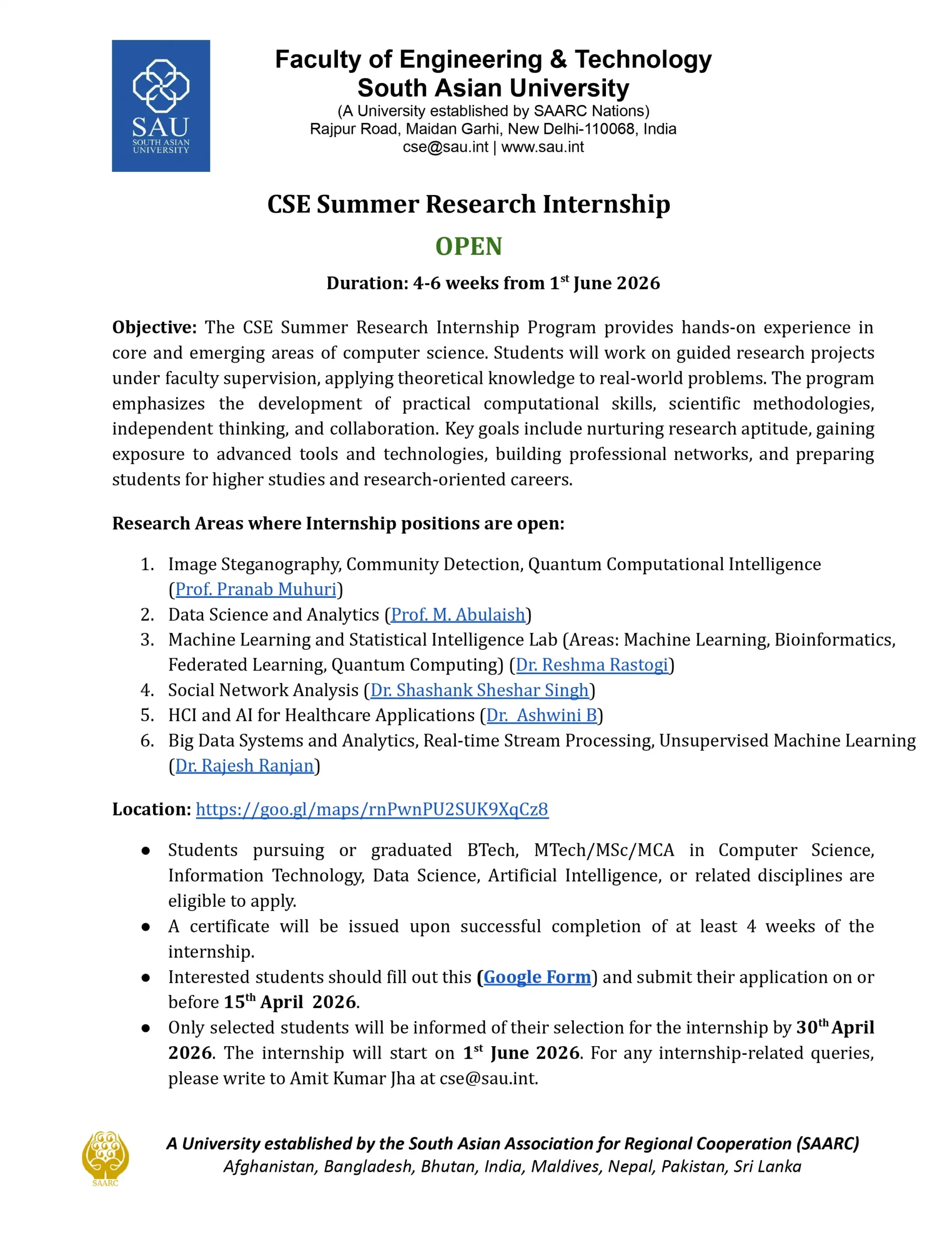 CSE Summer Research Internship 2026