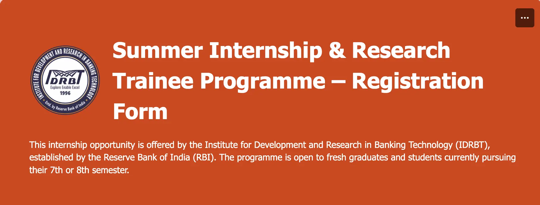 IDRBT Summer Internship Programme 2026 | Who can apply? Duration
