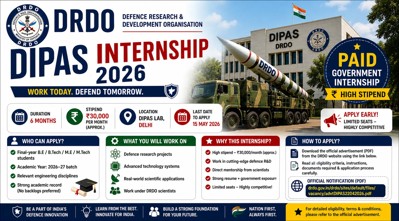 DRDO Internship 2026 India | Eligibility, Stipend – Apply