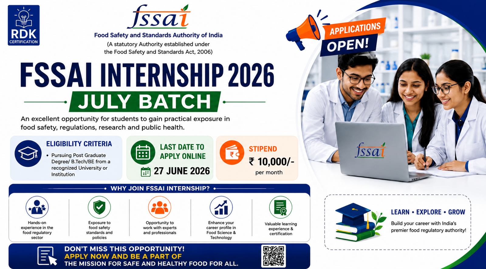 FSSAI Paid Internship 2026 opportunity, Eligibility, Last date | ₹Stiphend 10,000