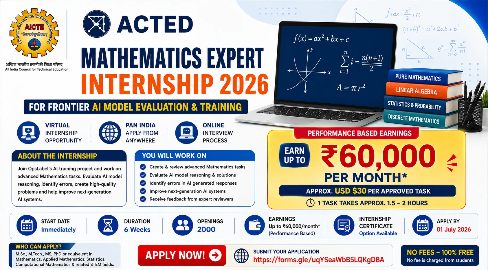 Mathematics Expert Internship 2026 | Earn Up to ₹60,000/Month