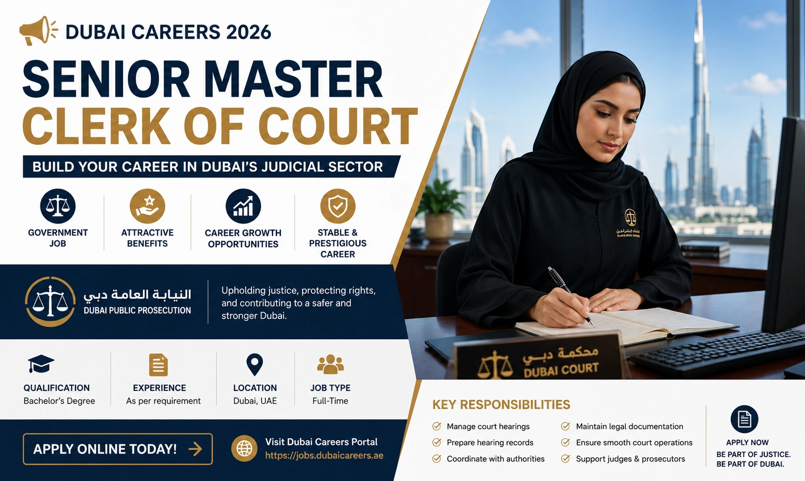 Dubai Government Jobs 2026 | Senior Master Clerk of Court Vacancy