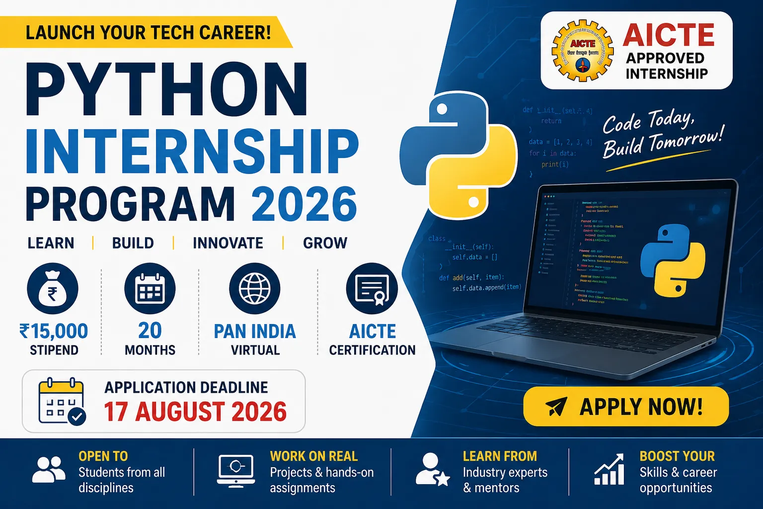 Python Internship Program 2026 | ₹15k Stipend | AICTE | Apply by 17 August