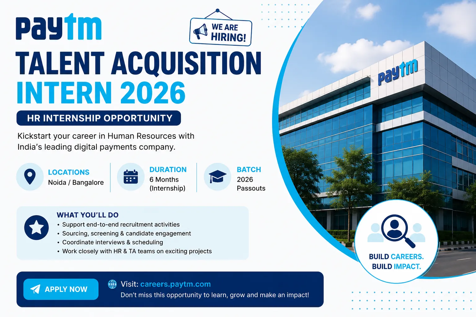 Paytm Talent Acquisition Intern 2026 | Noida/Bangalore | HR Internship