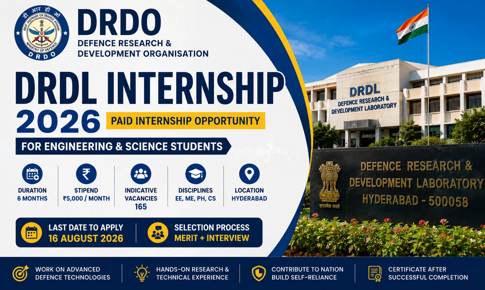 DRDO DRDL Internship 2026 | ₹5,000 Stipend | Apply Online