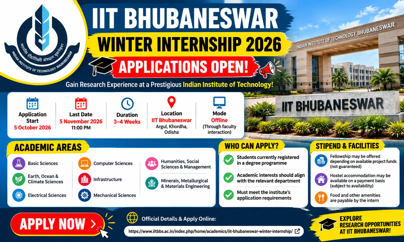 IIT Bhubaneswar Winter Internship 2026 application, eligibility and last date