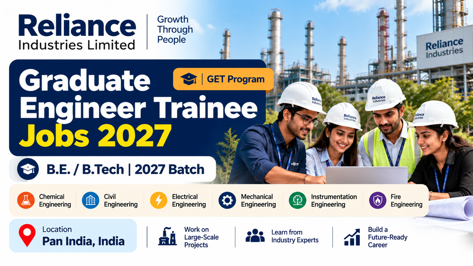Reliance Graduate Engineer Trainee Jobs 2027 for B.E. B.Tech Freshers in Pan India