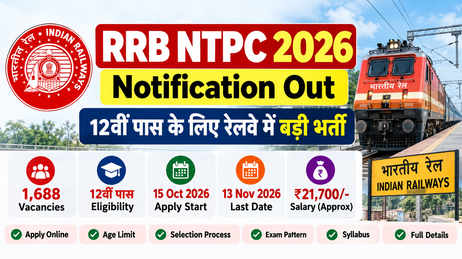RRB NTPC 2026 Railway Recruitment for 12th Pass Candidates